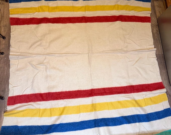 Vintage Hudson Bay Style Heavy Wool Blanket, no tag, Blue Satin Fringe