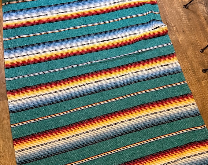 Vintage Western Style Throw Blanket, Teal, Red, White, and Yellow Woven