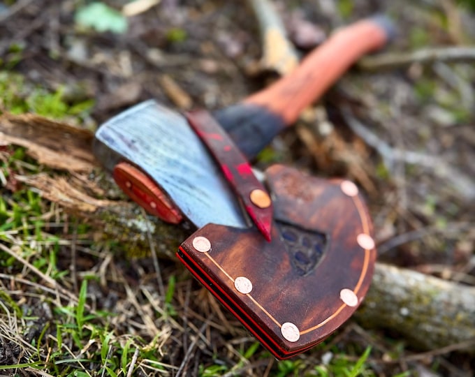 Vintage Restored Plumb National Boy Scout Axe, 3 lb, Blood Stained Handle, with Handmade Leather Glow in the Dark Sheath