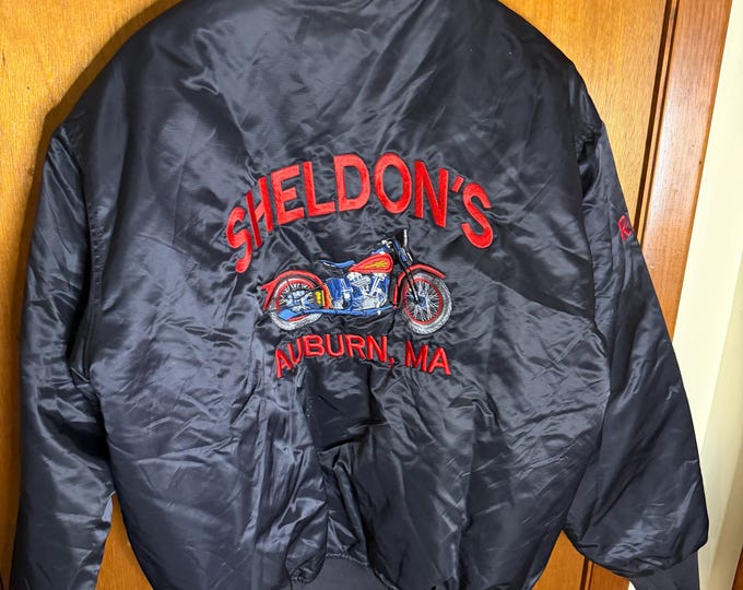 Vintage Size XL Motorcycle Bomber Jacket, Varsity Black Repair Shop Bikes