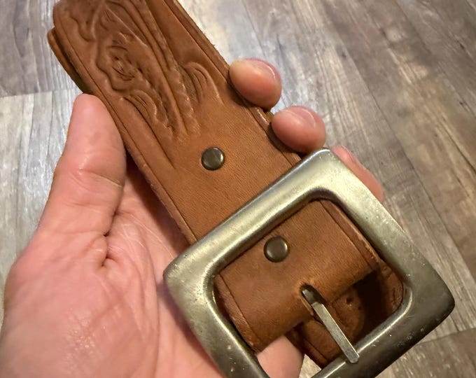 Vintage Handmade Leather Belt, Hand Stamped and Tooled