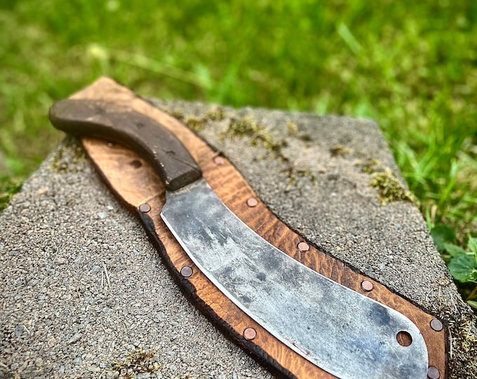 Vintage Curved Blade Cleaver with Handmade Buffalo Sheath