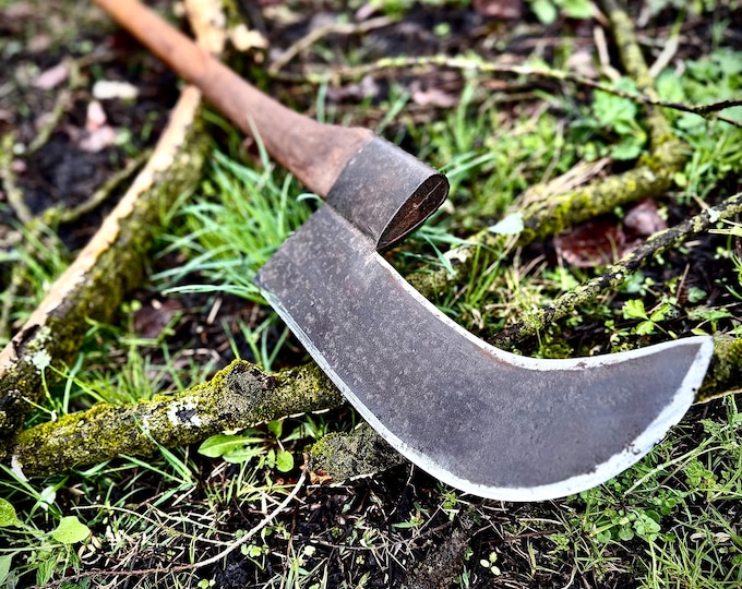 Vintage Brush Hook Axe, Long Handled Old Antique Tool, Hand Forged Head