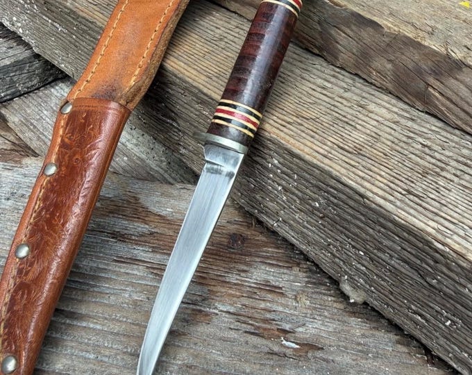 Vintage Schrade Brand Stainless Steel Stacked Leather Handle Knife, with Hand Tooled Leather Sheath