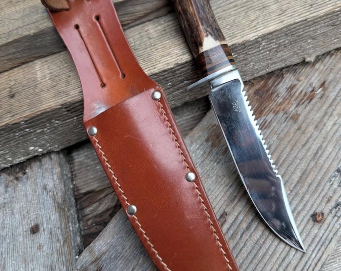 Vintage Inox Hunting Trapping Knife, in Original Leather Sheath, Antler Handle