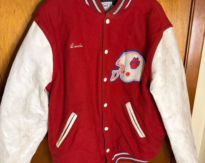 Vintage Bellport Football Lonnie Bomber Jacket, with Leather Sleeves, Red, Size 2XL