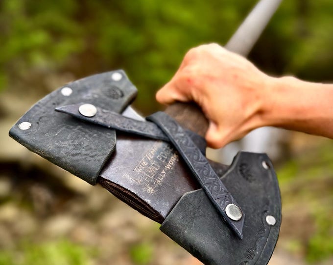 Vintage True Temper Flint Edge Double Bit Cruiser Axe with Handmade Black Leather Sheath