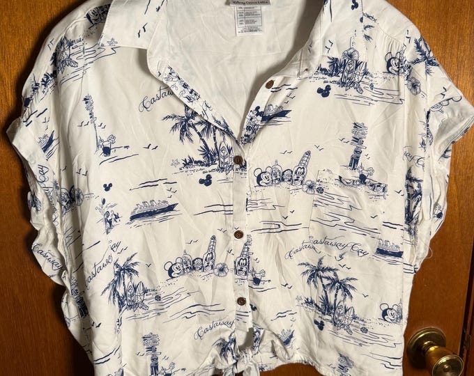 Vintage Disney Cruiseline Size XXL (2XL) Button Up White with Blue Print Mickey Mouse Shirt