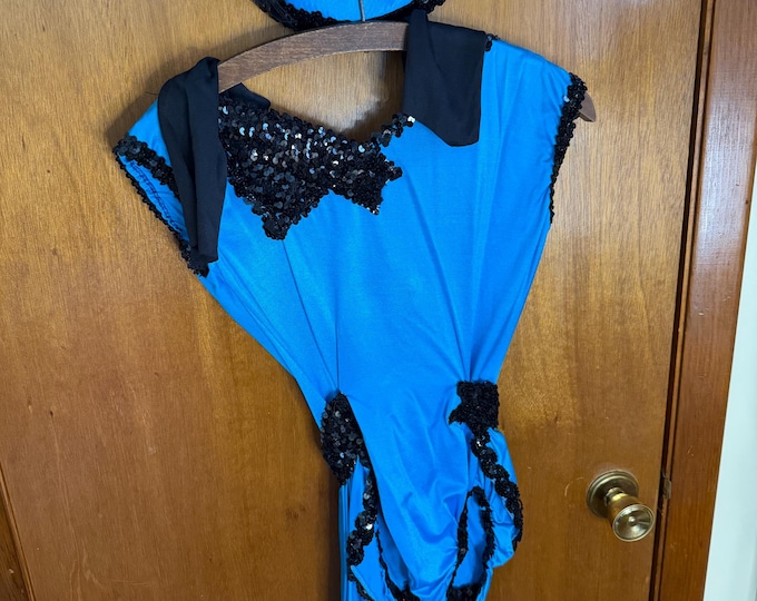 Vintage 1970s-1980s Burlesque Dancing Costume, Blue with Black Accents and Sequens