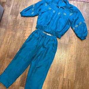 Vintage Turquoise Track Suit, Jacket and Pants, Silk Size Women’s Petite Large