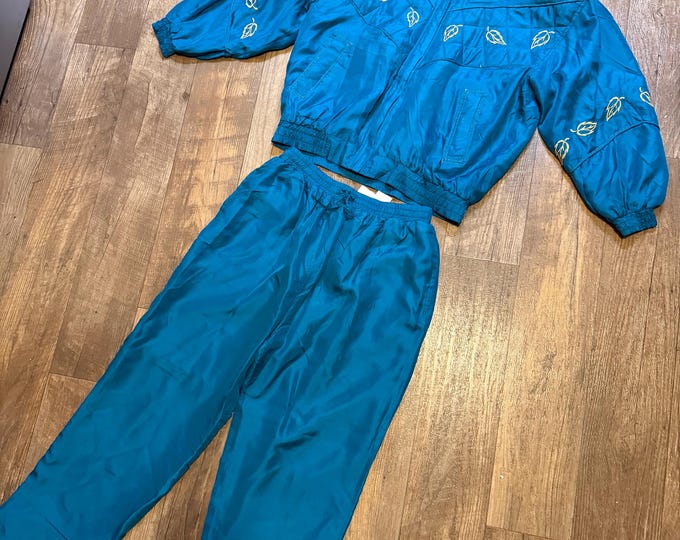Vintage Turquoise Track Suit, Jacket and Pants, Silk Size Women’s Petite Large