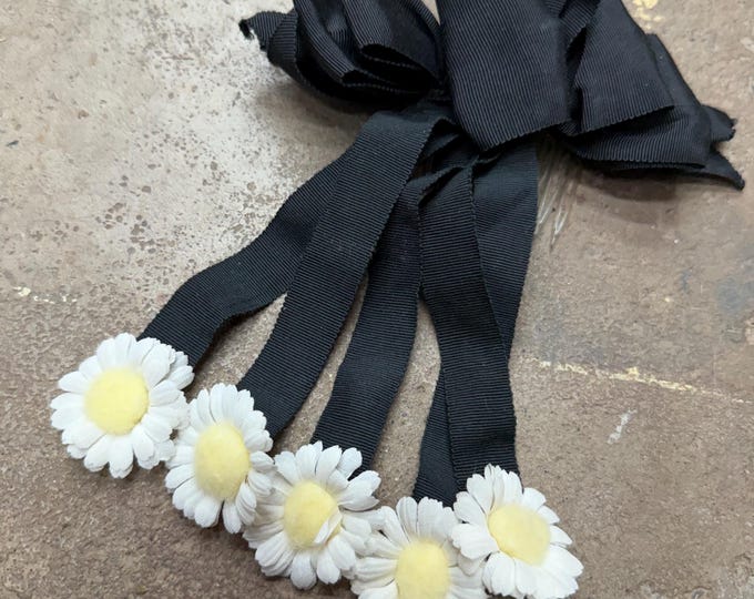 Vintage Black Hair Clip/Barette Hair Tie Bow, White Daisies