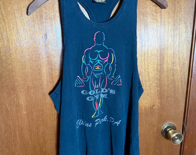 Vintage 1980s-1990s Gold’s Gym Women’s Medium Tanktop, Black with Rainbow Logo, Powerlifting, Weightlifting