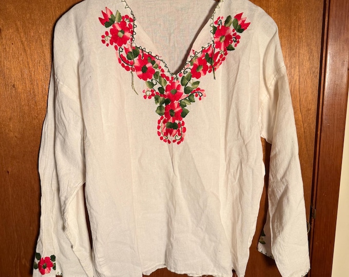 Vintage Size Large Womens Embroidered Floral Blouse, Cream Colored