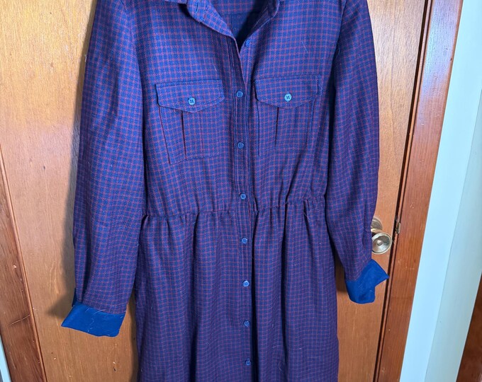 Vintage Long Flannel Coat, Womens Button Up Dress Purple and Red Plaid Pattern