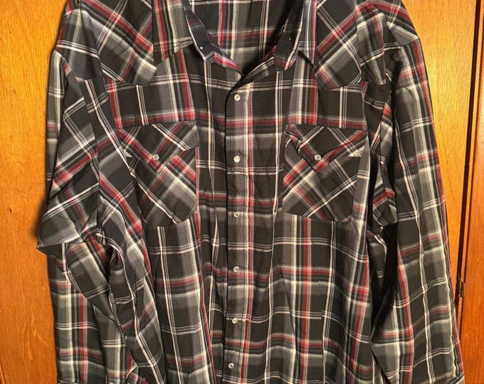 Vintage Ely Cattleman Western Pearl Snap Button Up Plaid Shirt, Black & Red, Size 3XL