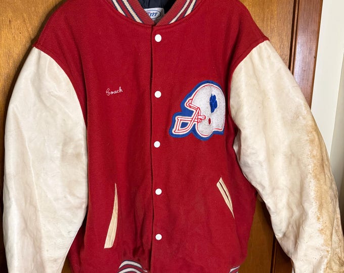Vintage Bellport Football Coach Bomber Jacket, with Leather Sleeves, Red, Size 3XL
