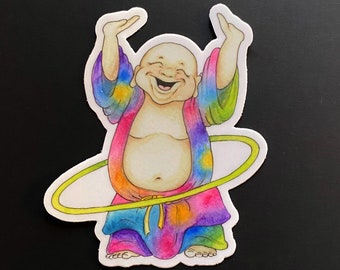 Vinyl Art Sticker HOOPING HAPPY BUDDHA psychedelic decal, hula hooping, water bottle laptop bumper sticker, hippie buddhist tie-dye laughing