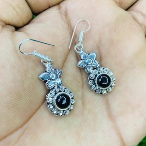 Natural Black Onyx Earrings, Onyx Gemstone Earrings, 925 Sterling Silver Plated, Handmade Earrings, Vintage Jewelry, Wedding Gift For Her.
