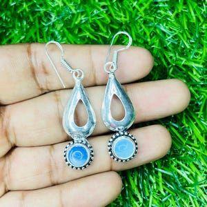 Natural Elegant Blue Chalcedony Earrings | Sterling Silver Dangle Earrings | Handmade Gemstone Jewelry | Boho Gift for Her Healing Earrings.