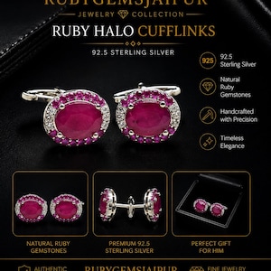 Op de afbeelding: Ruby halo manchetknopen met ovaal geslepen rode robijnen omringd door kleine witte steentjes in 92.5 sterling zilver. De tekst luidt RUBYGEMSJAIPUR, RUBY HALO CUFFLINKS, 92.5 STERLING SILVER, NATURAL RUBY GEMSTONES en PREMIUM 92.5 STERLING SILVER.