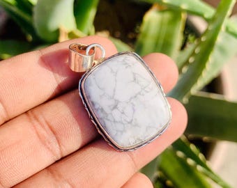 Sterling Silver Howlite Pendant: Baguette White Gemstone Necklace