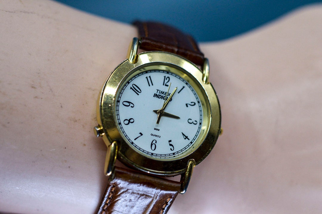 Timex Indiglo, Gold Tone With White Dial, Quartz Wrist Watch Etsy