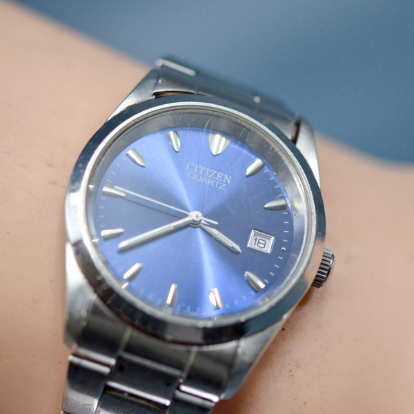 Citizen Quartz, steel tone with blue dial wrist watch