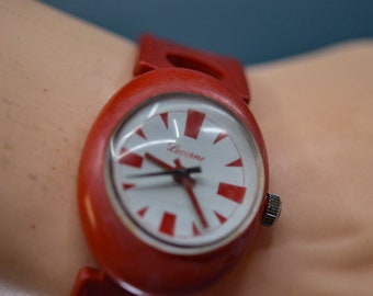 Lucerne, red tone with white dial, plastic, vintage wrist watch