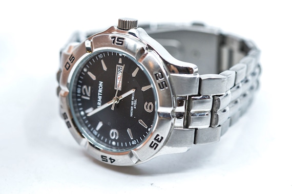 Armitron Steel Tone With Black Tone Quartz Wrisst Watch Etsy