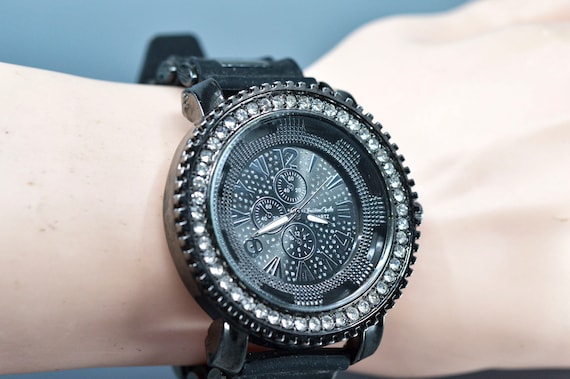 Black Tone With Crystals, Extra Large, Quartz Wrist Watch - Etsy display picture 1