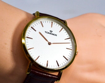 Tonnier stainless steel slim men watch quartz watch black face sale