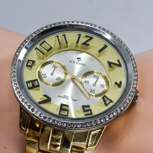 Ice King gold tone with crystals mens , large , quartz wrist watch