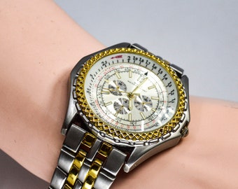 Two tone mens , large , quartz wrist watch