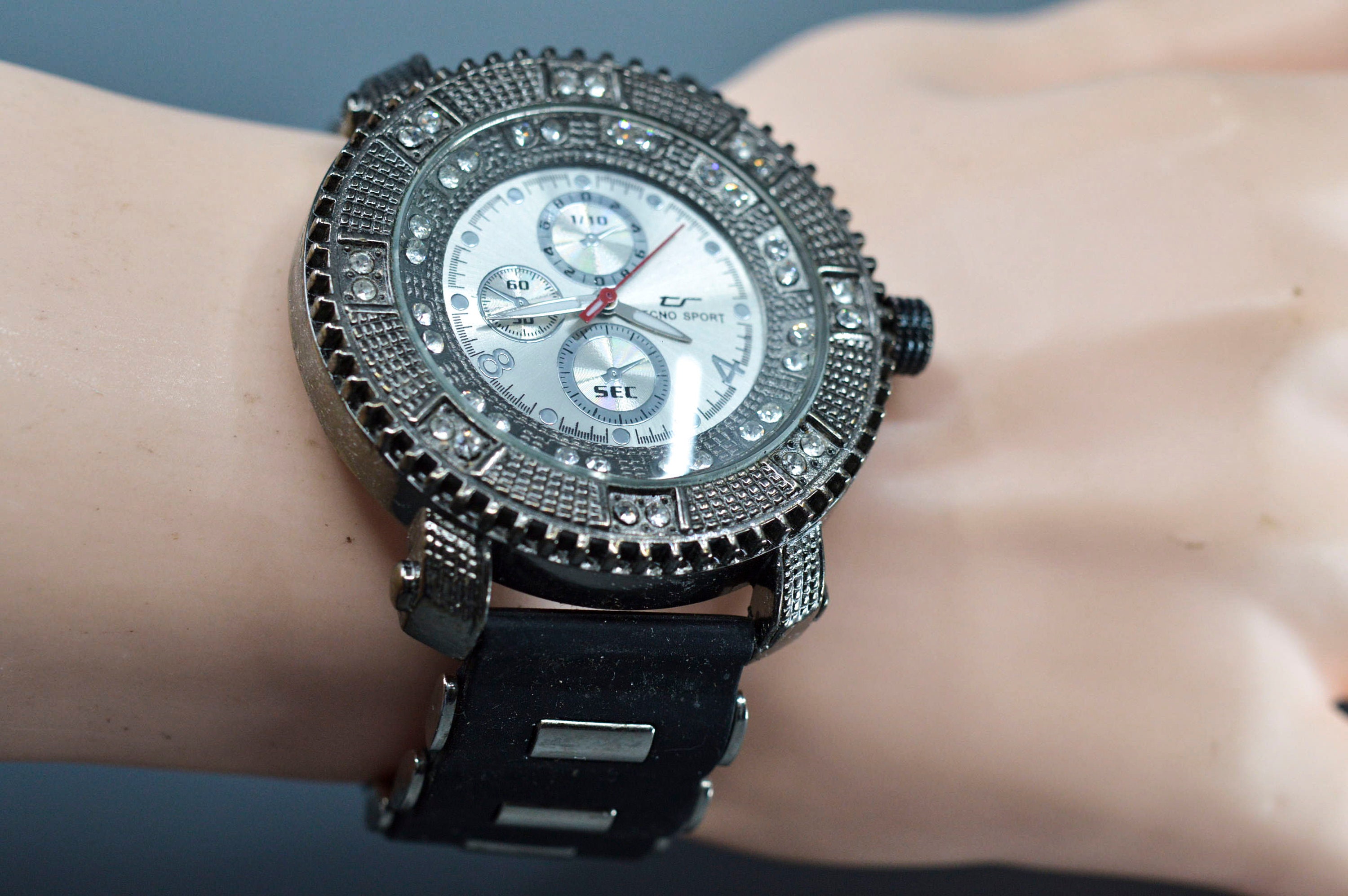 Steel Tone With Crystals, Extra Large , Quartz Wrist Watch 