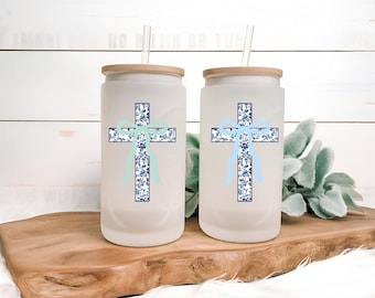 Blue Floral Cross Sticker with Bow – Gloss Finish