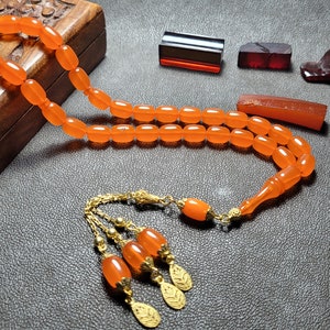 Original Amber Bakelite Prayer Beads: Orange Rosary Misbaha with 925 Silver Tassel