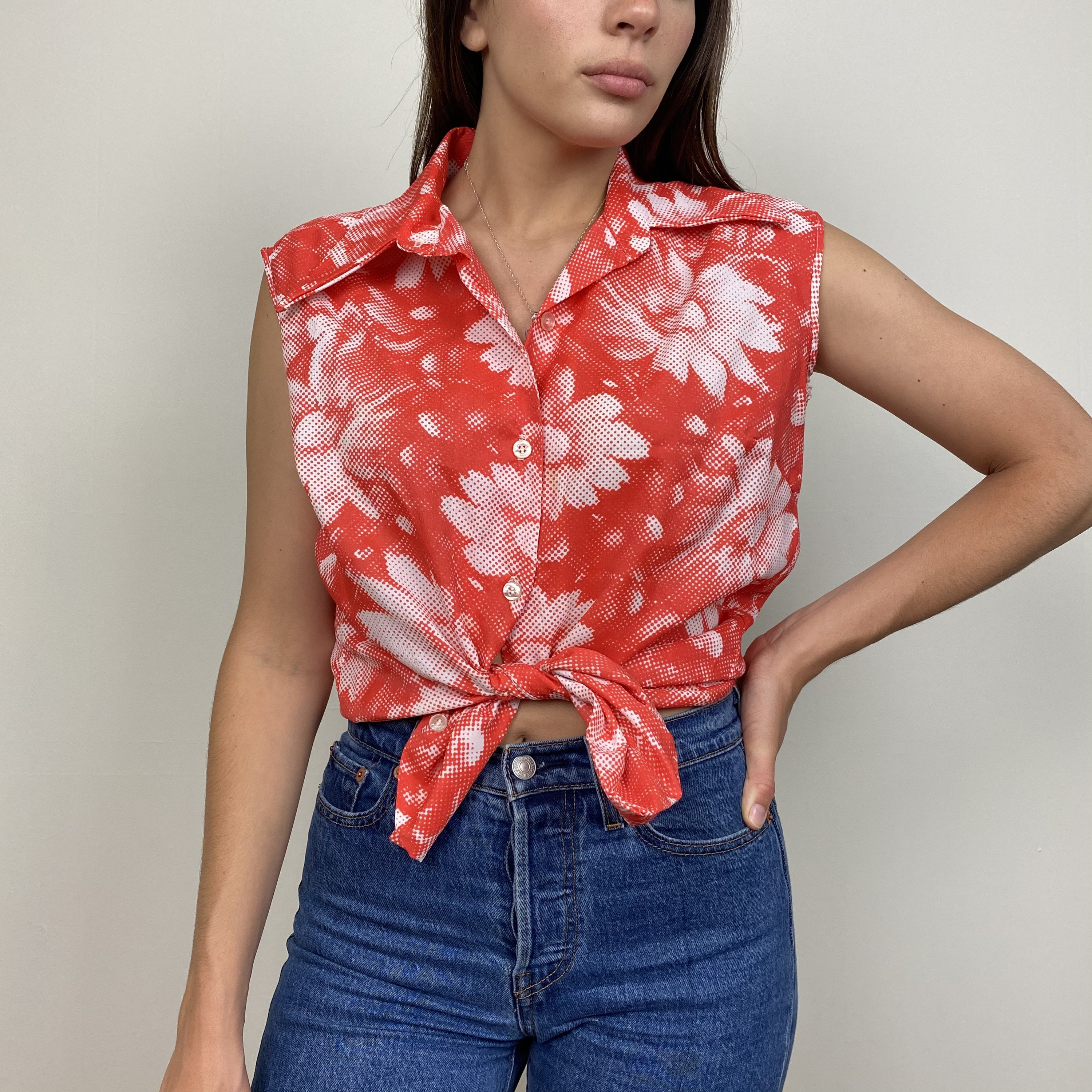 Bright Red Floral Polka Dot Print Sleeveless Button Up Shirt Etsy