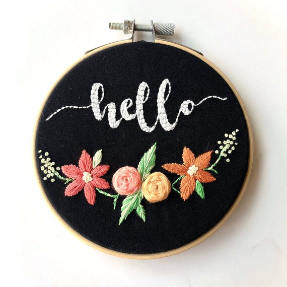 Handmade, 'Hello', 4" Embroidery Hoop Art, Flowers, Wall Hanging, Personalised Text, Custom Gift, Green, Yellow, Black Pink & Orange Colours