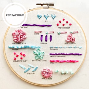 Beginner Ribbon Embroidery Pattern: 16 Stitches, 6&quot; Hoop (PDF Download)
