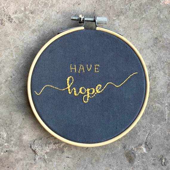 Handmade, 'Have Hope', 4" Embroidery Hoop Art, Wall Hanging, Personalised Text, Custom Gift, Grey & Yellow Colours