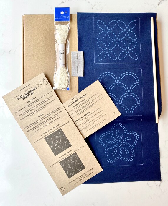 Beginners Sashiko Wall Hanging Kit, Learn 3 Sashiko Designs