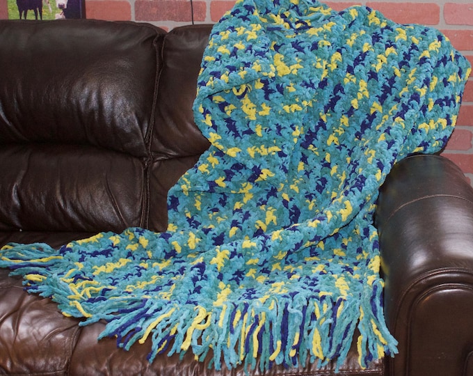 Handmade crochet afghan chunky chenille - like yarn - comfy blanket throw - Bernat Seaside Brights