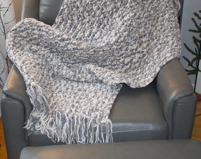 Handmade crochet afghan chunky chenille - like yarn - comfy blanket throw  Blanket different shades of gray