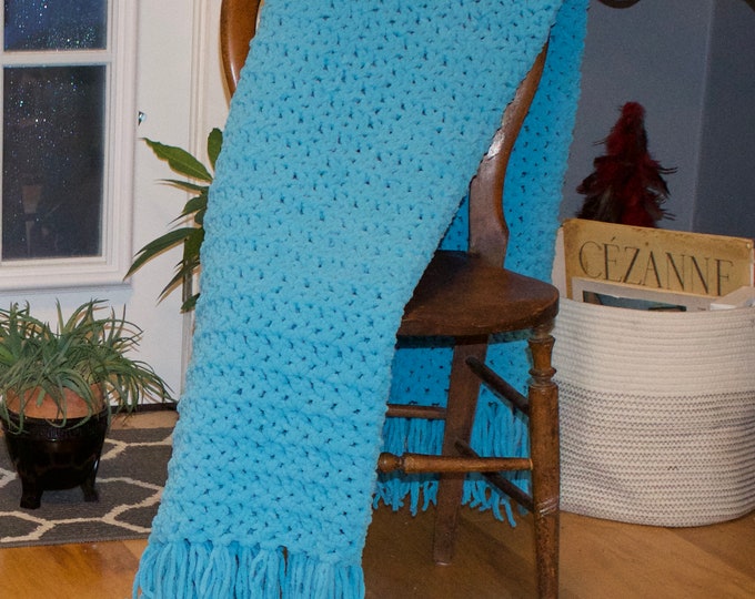 Handmade crochet afghan chunky chenille - like yarn - comfy blanket throw machine washable soft and comfortable cozy and warm