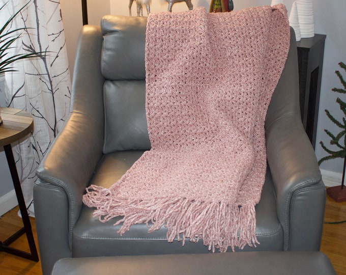Handmade crochet afghan chunky chenille - like yarn - comfy blanket throw - Bernat speckle yarn - clay brick