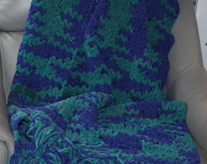 Handmade crochet afghan chunky chenille - like yarn - comfy blanket throw  green and navy blue gorgeous