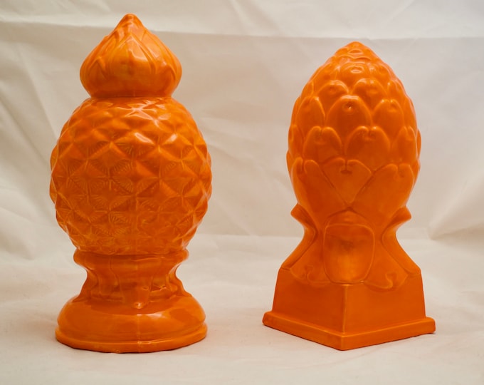 Artichoke and Pineapple pair ceramic  decor in a bright orange glaze  - handmade in Upstate New York - represent welcome and wishes of hope