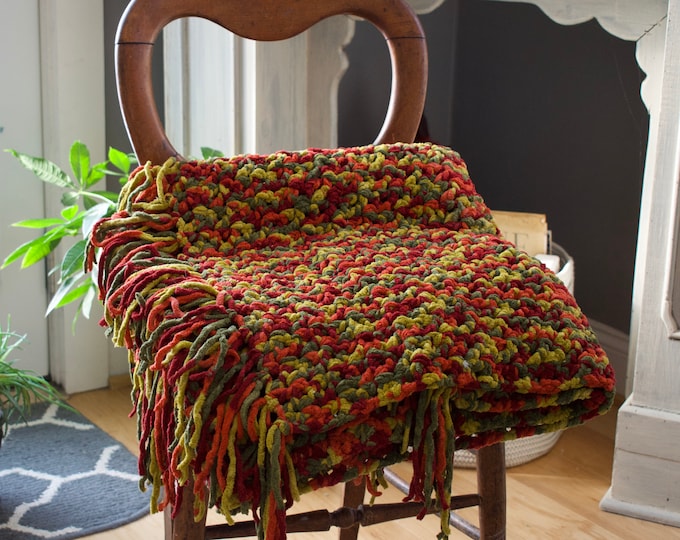 Handmade crochet afghan chunky chenille - like yarn - comfy blanket throw