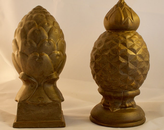 Artichoke and Pineapple pair ceramic  decor in a deep subtle glaze  - handmade in Upstate New York - represent welcome and wishes of hope